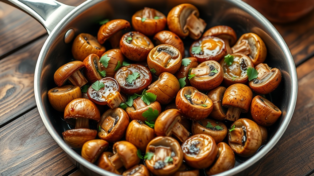 Savory Garlic Sautéed Mushrooms Recipe Skillet of sautéed mushrooms in garlic butter, garnished with parsley, on a rustic wooden table.